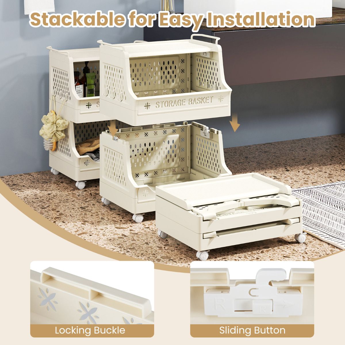 2/3/4/5 Tier Rolling Laundry Basket with Wheels Stackable Plastic Storage Cart