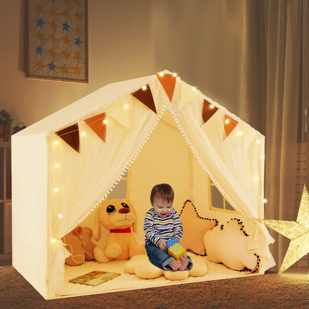 3-4 Kids Large Play Tent House with Fabric and Screen Curtains Star Lights