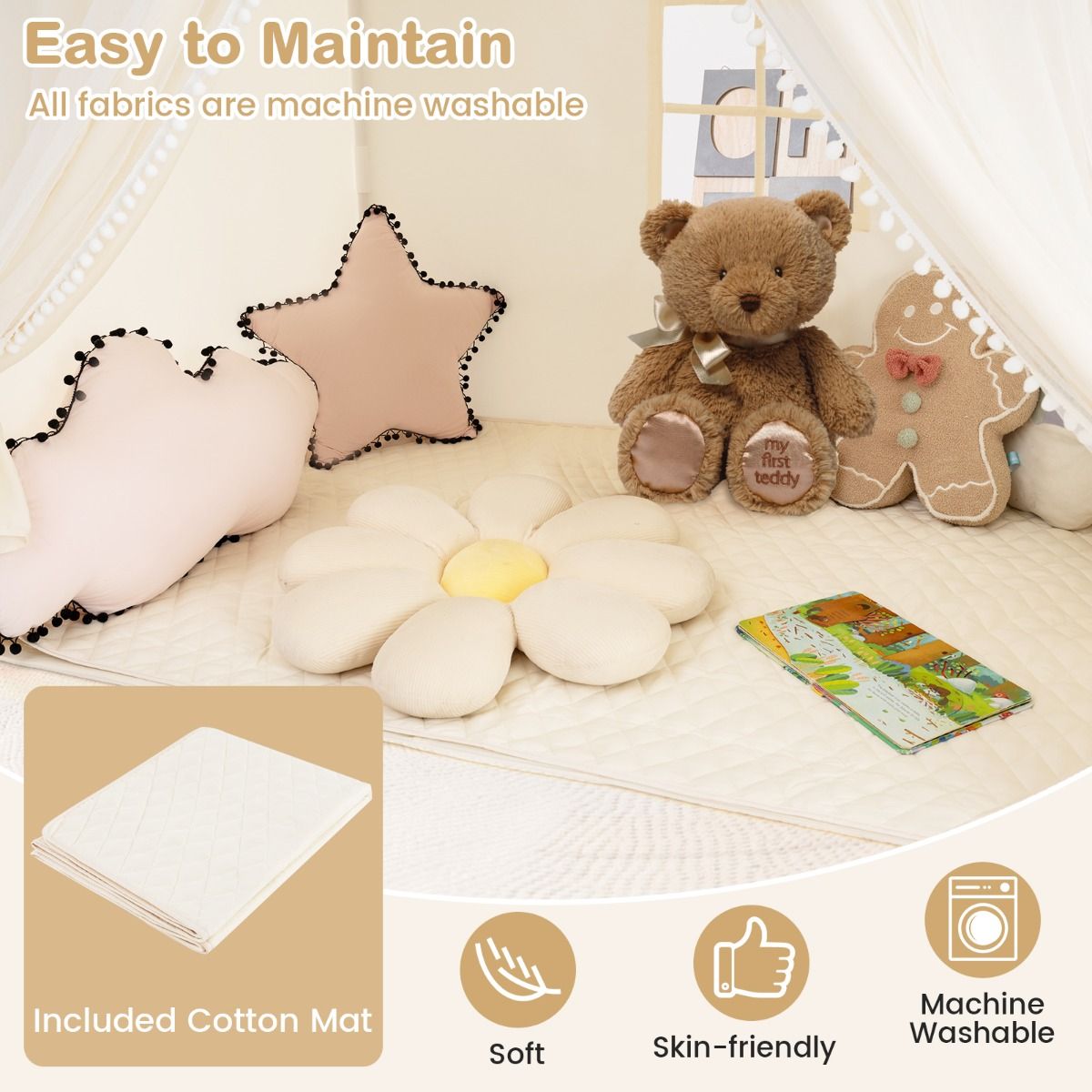 3-4 Kids Large Play Tent House with Fabric and Screen Curtains Star Lights