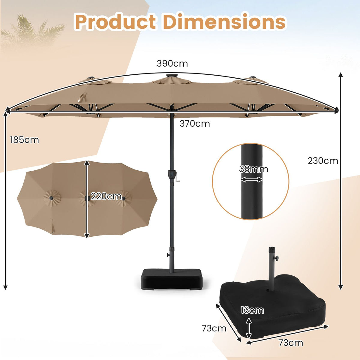 3.9m Double Sided LED Patio Umbrella with 108 Lights and Base