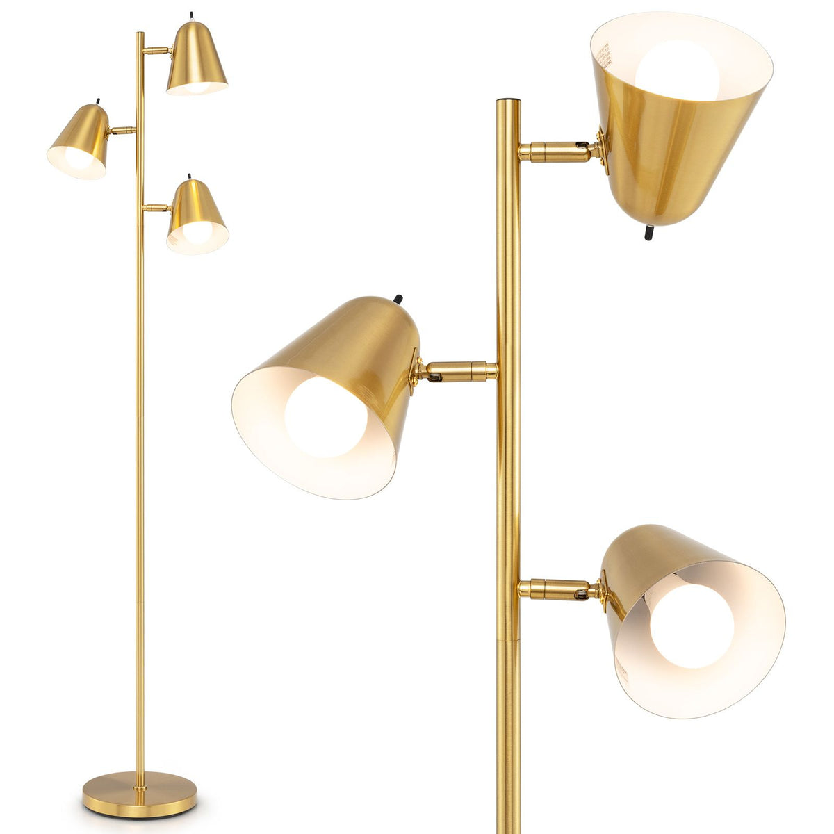 3-Bulb Floor Lamp with Adjustable Lampshades & Sturdy Metal Pole for Bedroom