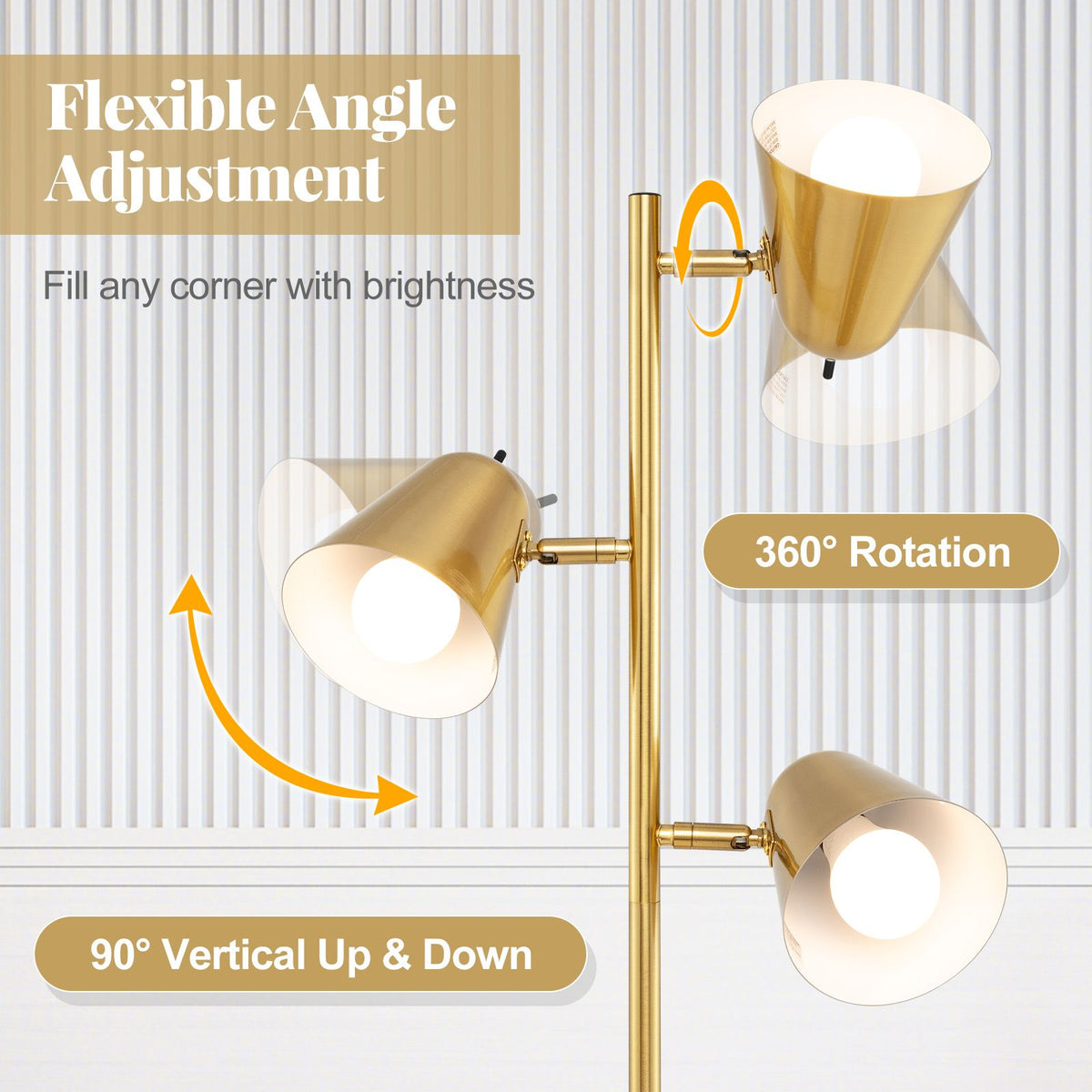 3-Bulb Floor Lamp with Adjustable Lampshades & Sturdy Metal Pole for Bedroom