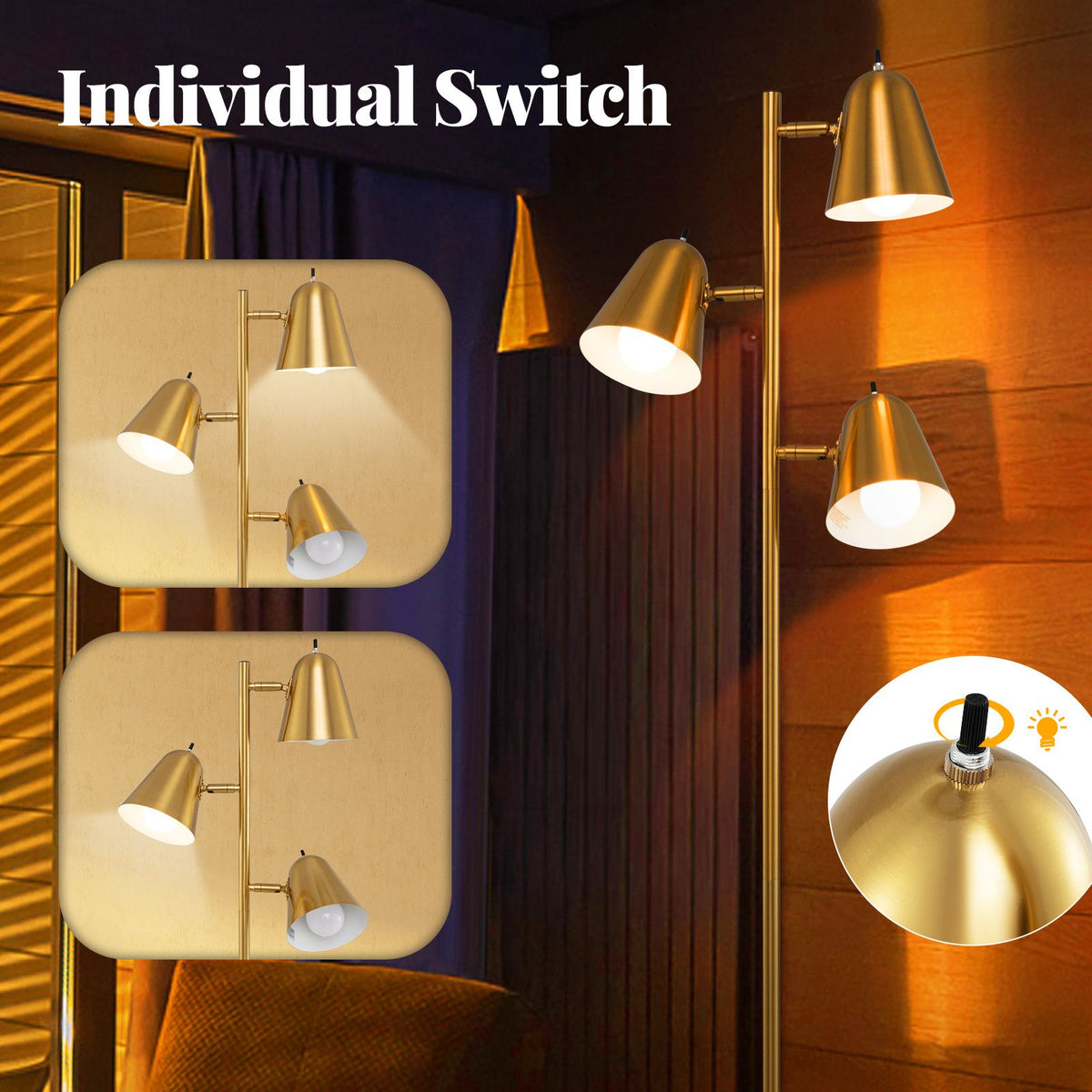 3-Bulb Floor Lamp with Adjustable Lampshades & Sturdy Metal Pole for Bedroom