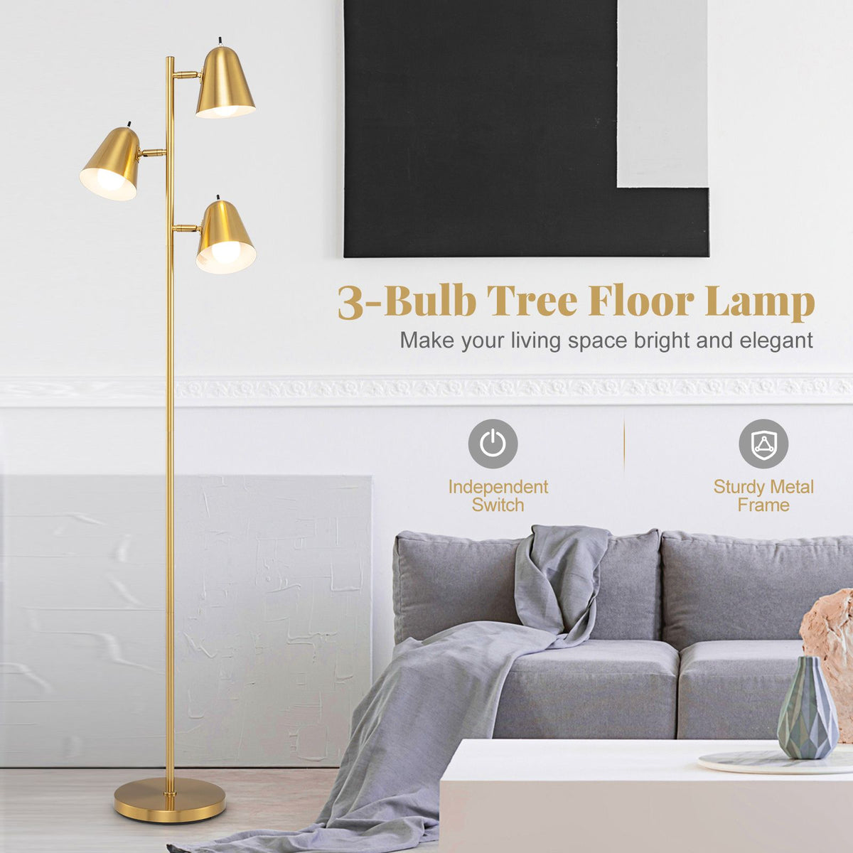 3-Bulb Floor Lamp with Adjustable Lampshades & Sturdy Metal Pole for Bedroom