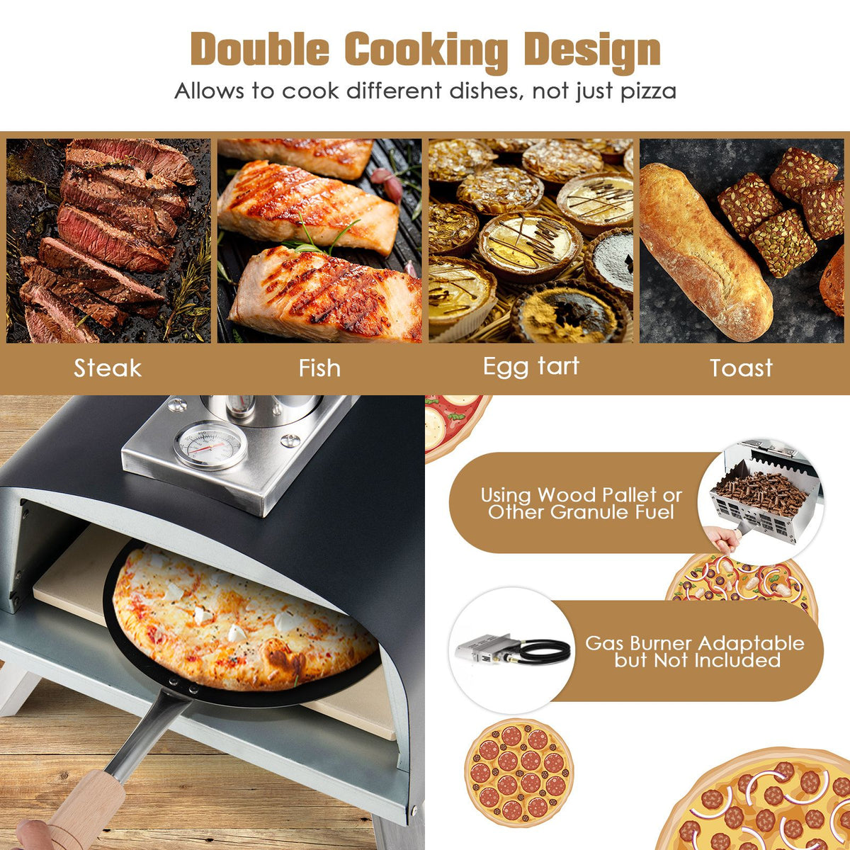 3-Layer Wood Burning Pizza Oven with Foldable Feet