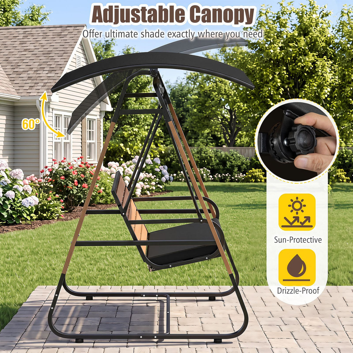3-Person Porch Swing and Outdoor Swing with Adjustable Canopy