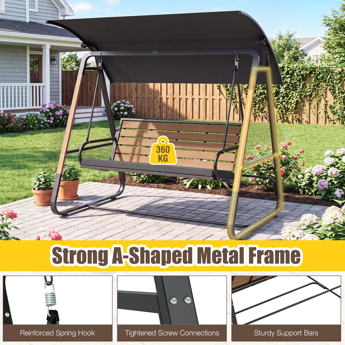3-Person Porch Swing and Outdoor Swing with Adjustable Canopy
