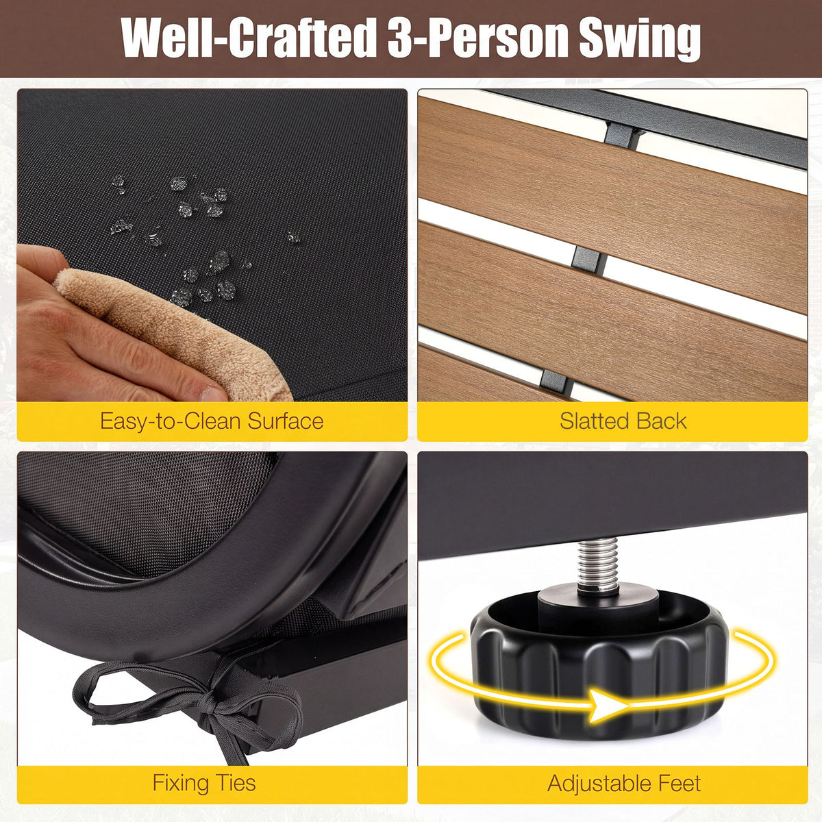 3-Person Porch Swing and Outdoor Swing with Adjustable Canopy