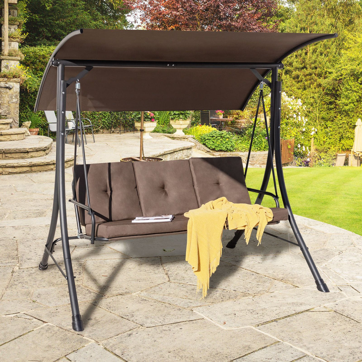 3-Seat Patio Swing with Adjustable Canopy and Thickened Cushions