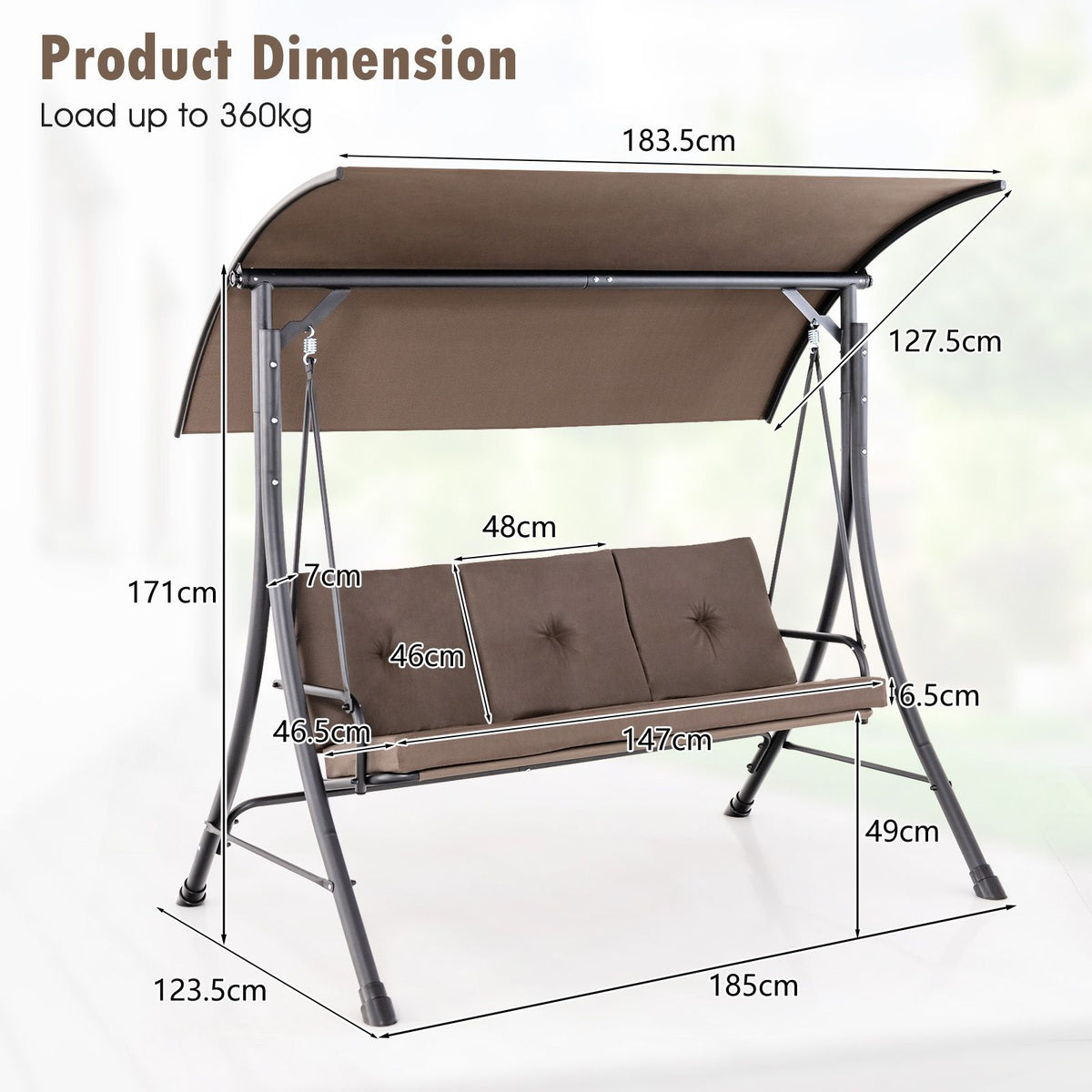 3-Seat Patio Swing with Adjustable Canopy and Thickened Cushions