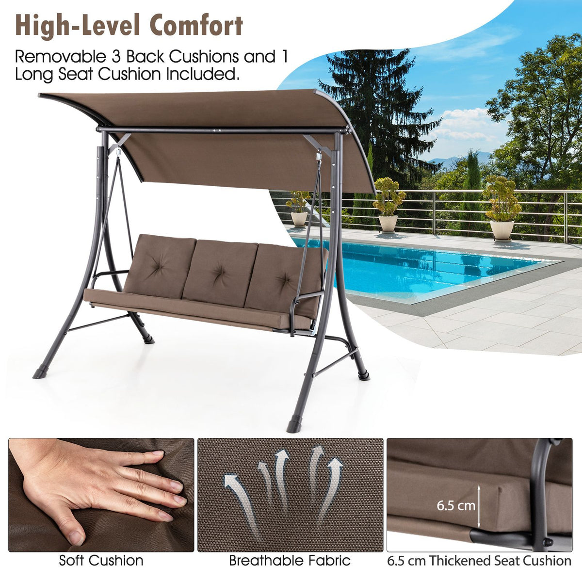 3-Seat Patio Swing with Adjustable Canopy and Thickened Cushions