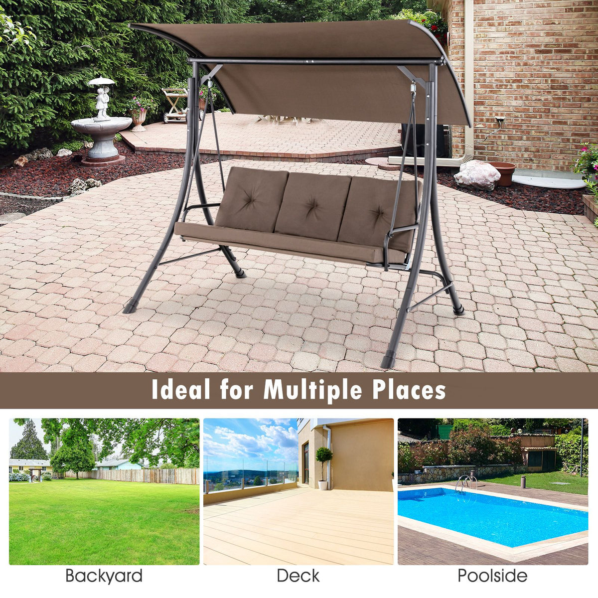3-Seat Patio Swing with Adjustable Canopy and Thickened Cushions