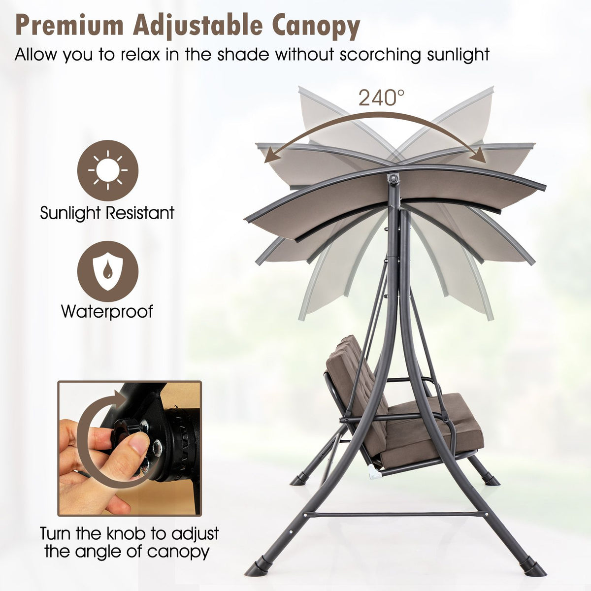 3-Seat Patio Swing with Adjustable Canopy and Thickened Cushions