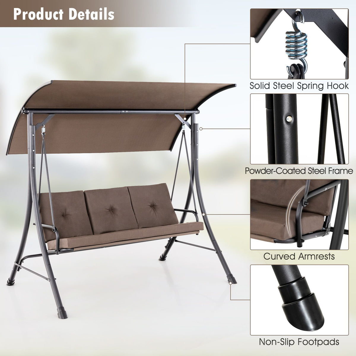 3-Seat Patio Swing with Adjustable Canopy and Thickened Cushions