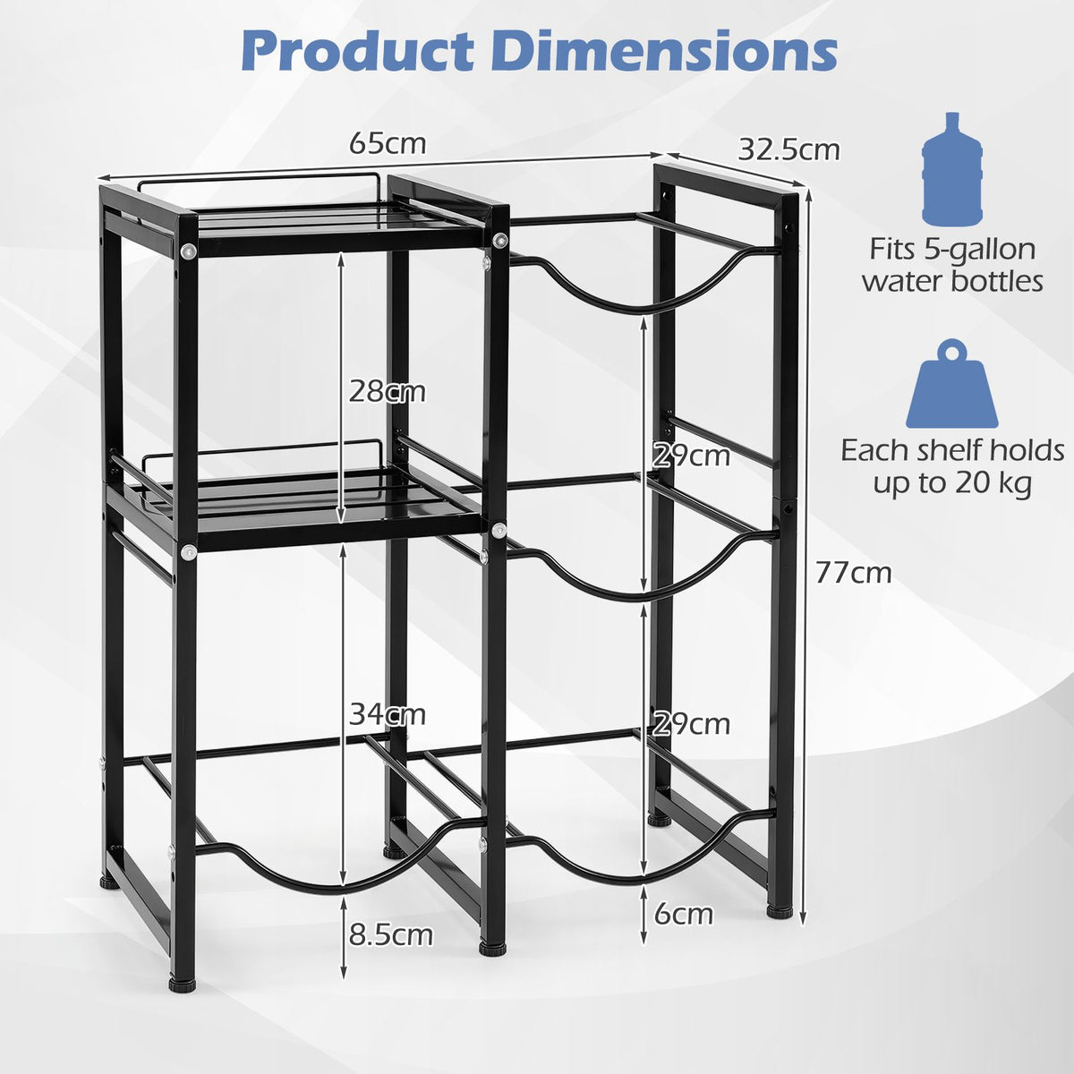 3-Tier 18.9L Water Jug Holder with Shelves for Home Kitchen Office