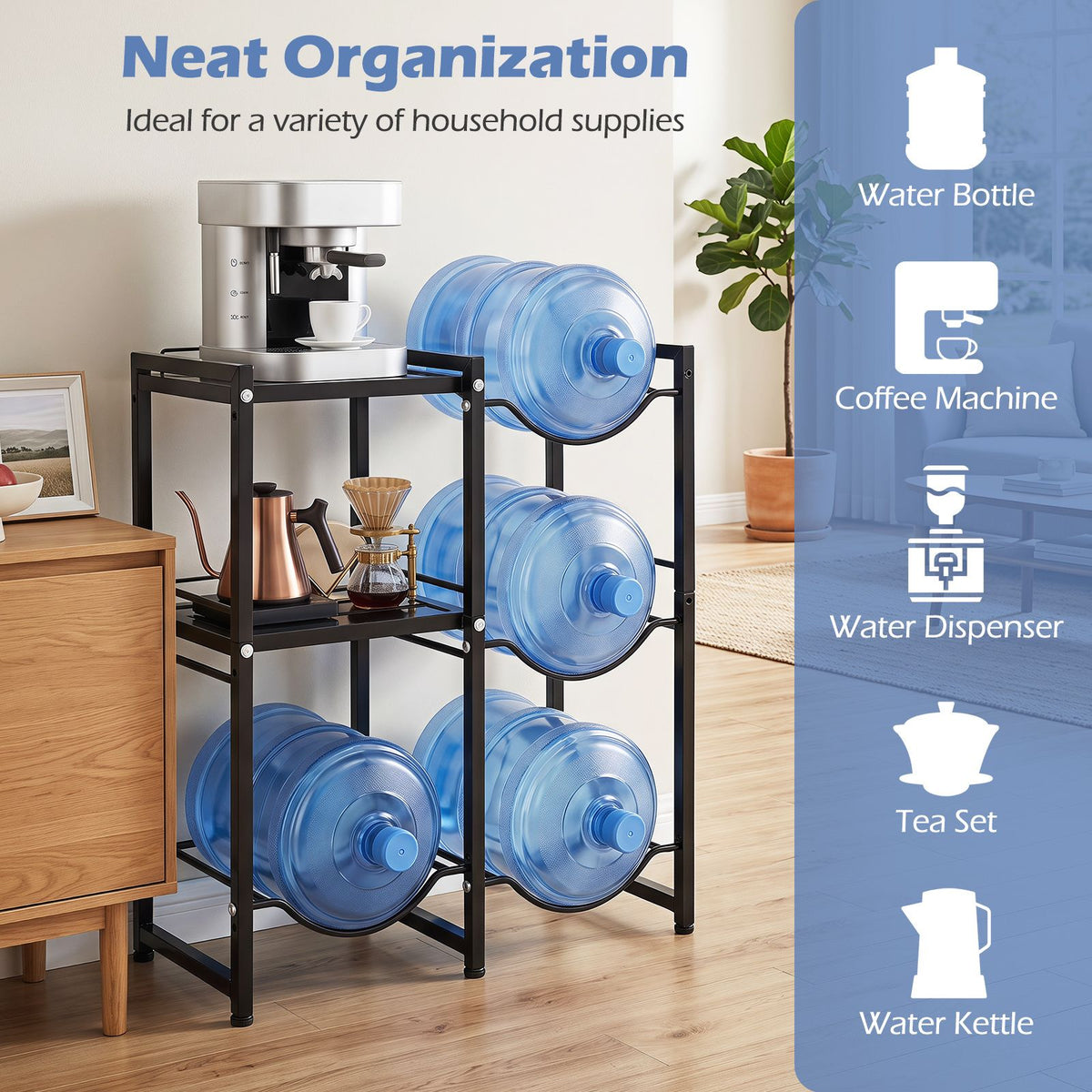 3-Tier 18.9L Water Jug Holder with Shelves for Home Kitchen Office