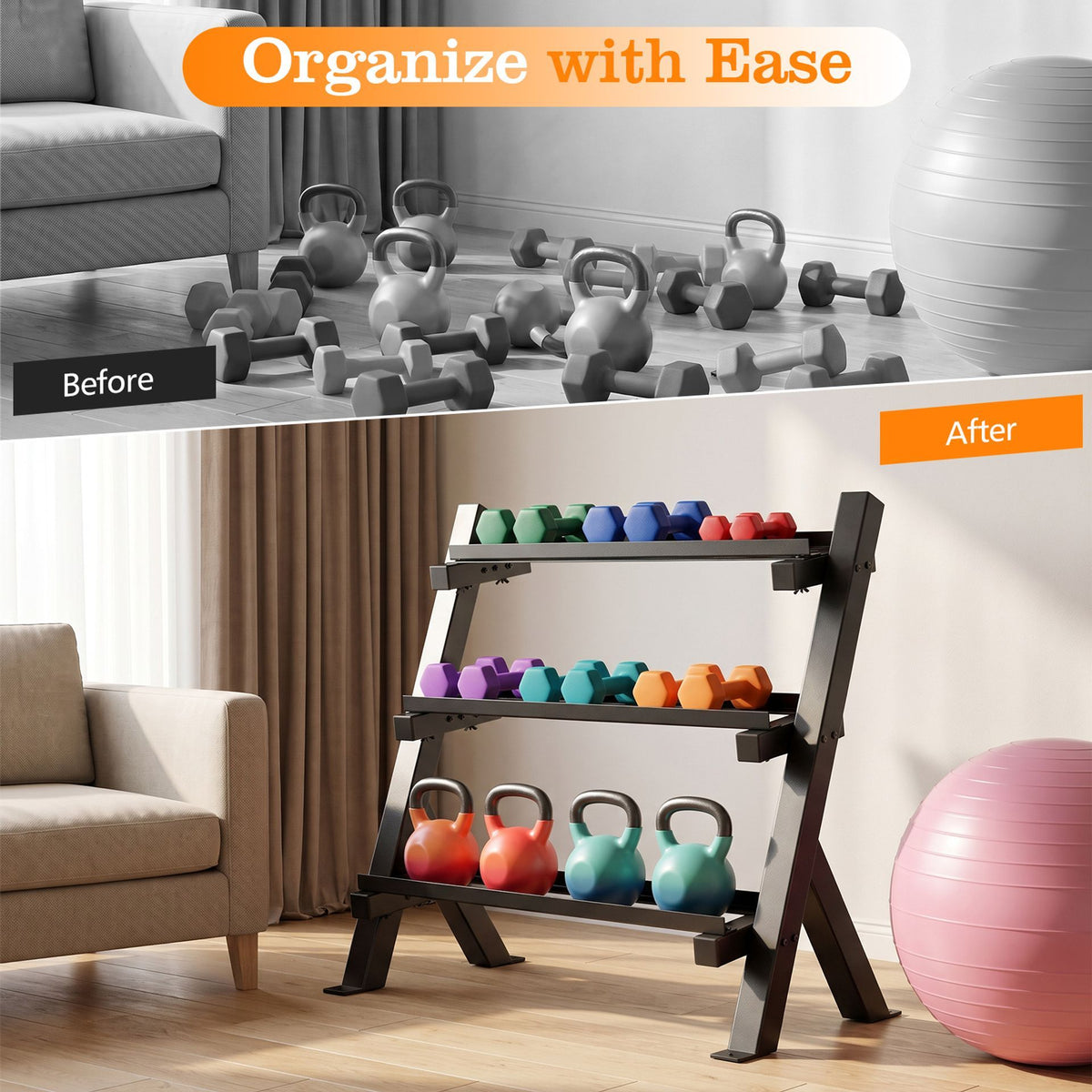 3-Tier Adjustable Dumbbell Rack Stand Only with Adjustable Spacing