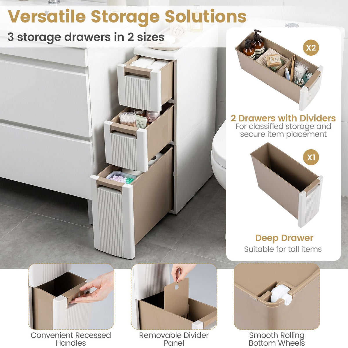 3/4-Tier Narrow Storage Cabinet with 3/4 Drawers and 2/3 Dividers