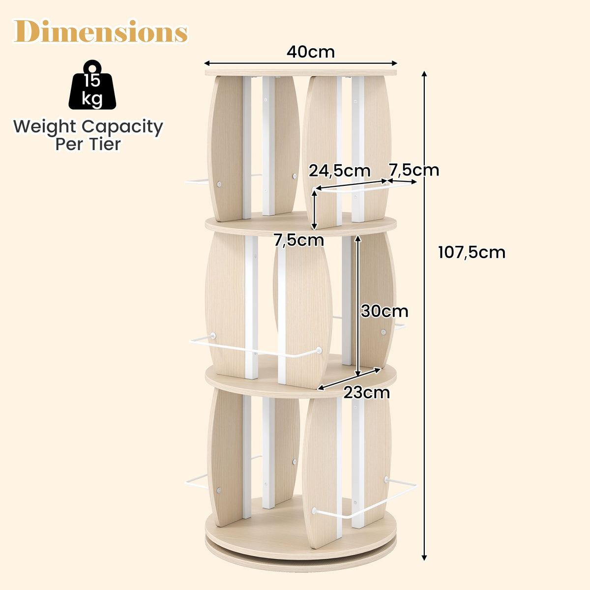 3-Tier Rotating Bookshelf Tower with Display Stands