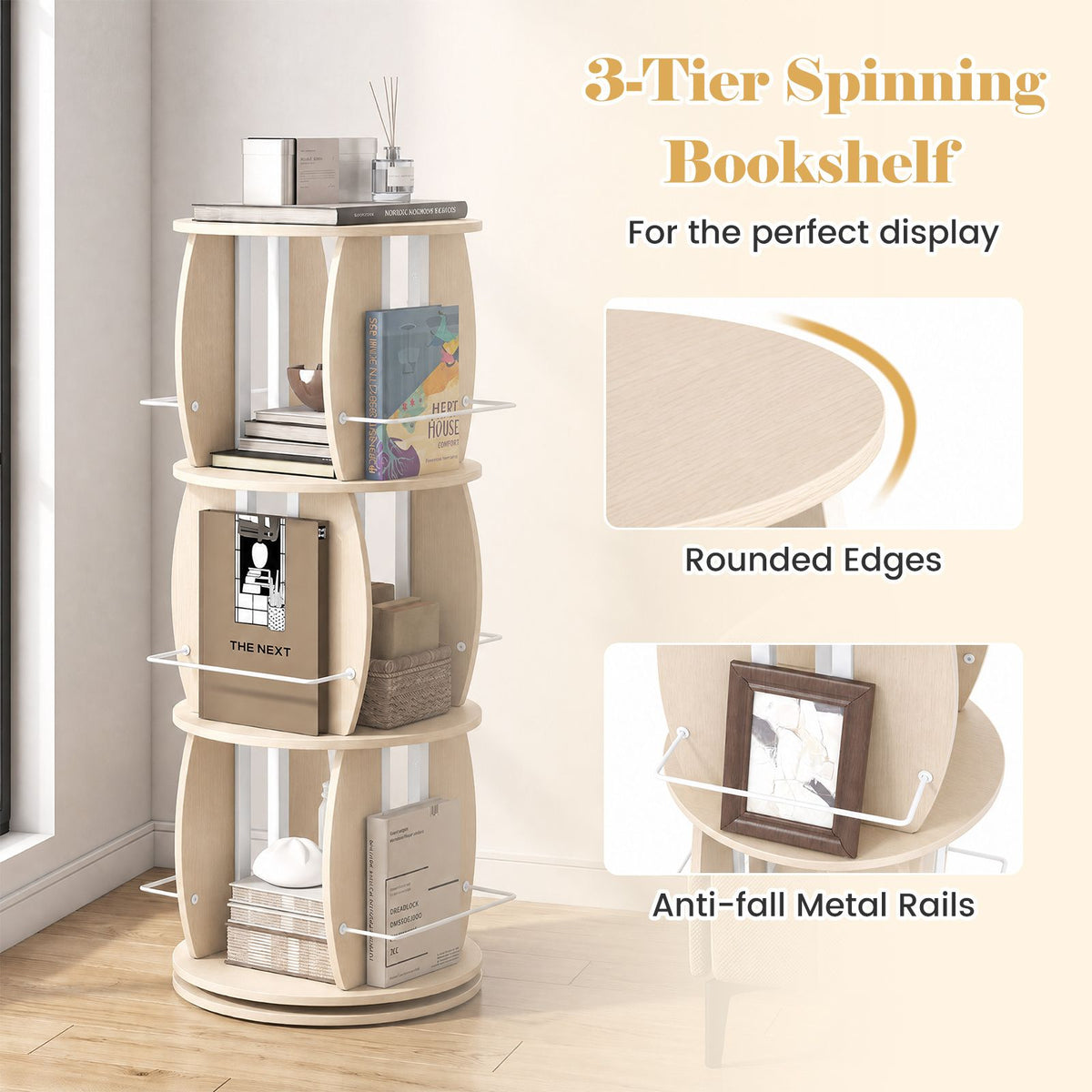3-Tier Rotating Bookshelf Tower with Display Stands