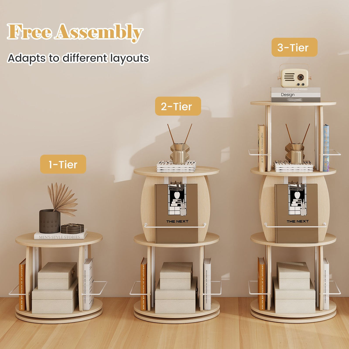 3-Tier Rotating Bookshelf Tower with Display Stands