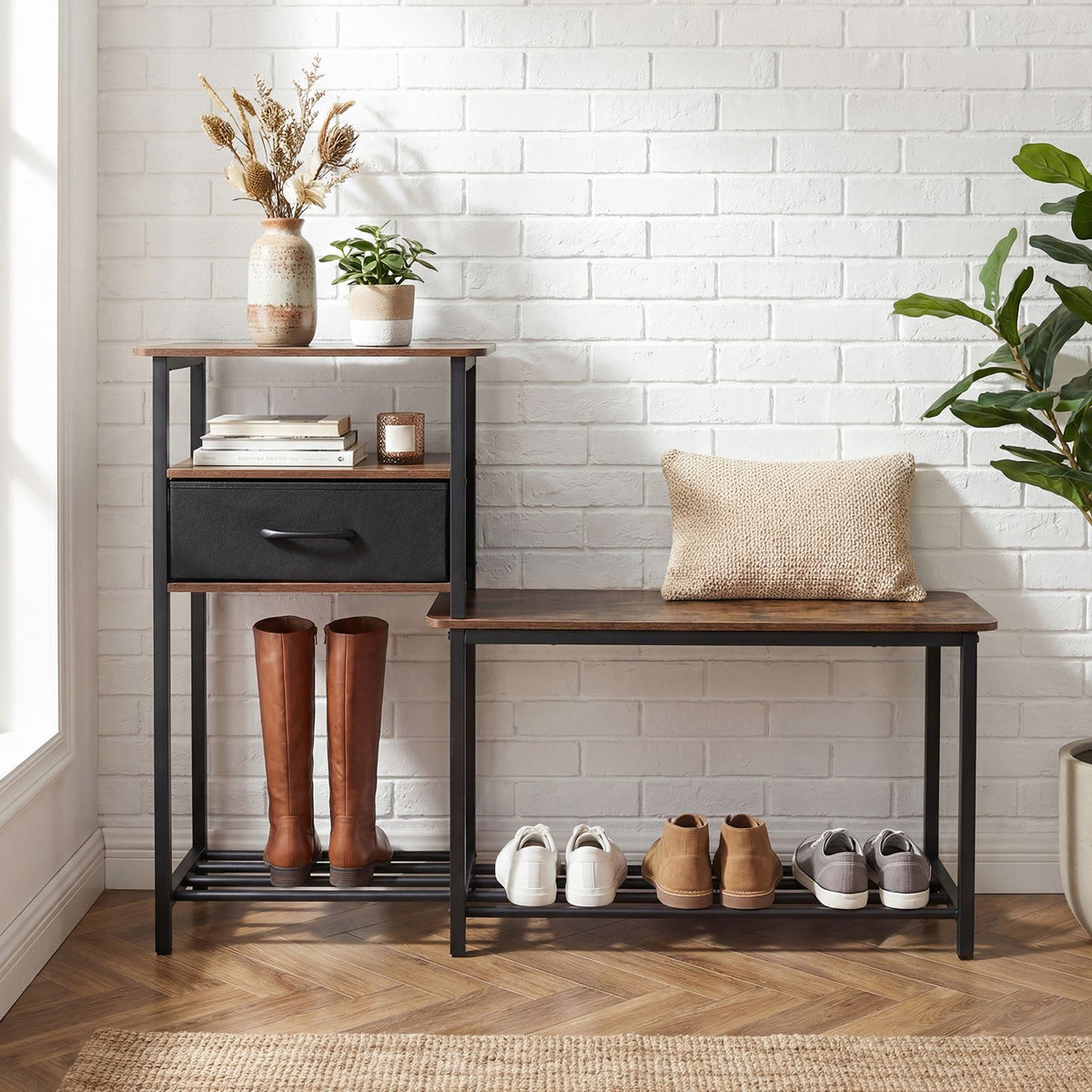 3-Tier Shoe Rack Bench with Drawer and Metal Frame for Hallway and Front Door
