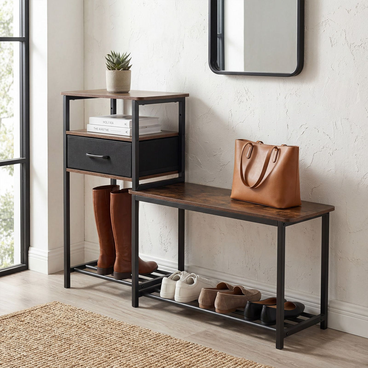 3-Tier Shoe Rack Bench with Drawer and Metal Frame for Hallway and Front Door