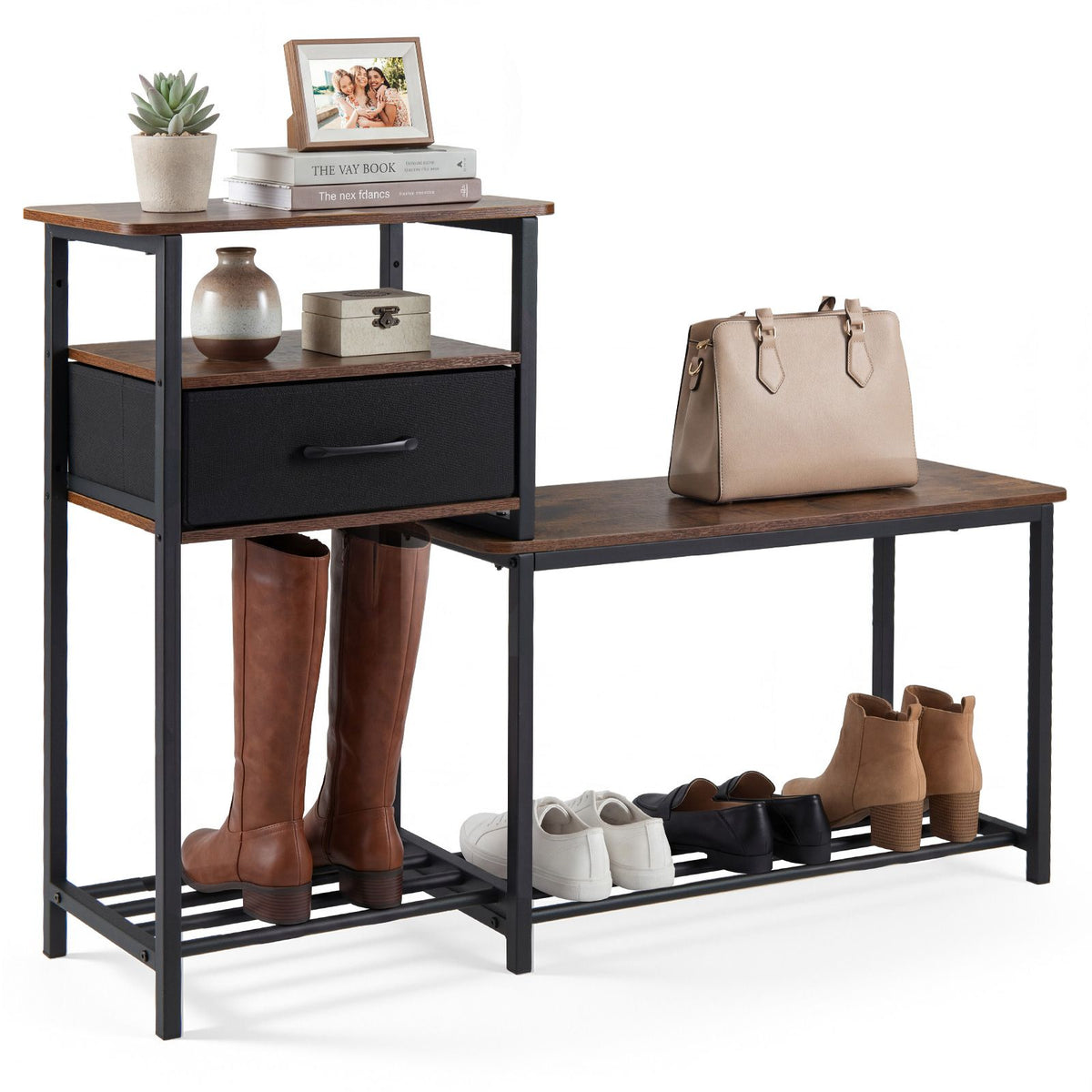 3-Tier Shoe Rack Bench with Drawer and Metal Frame for Hallway and Front Door