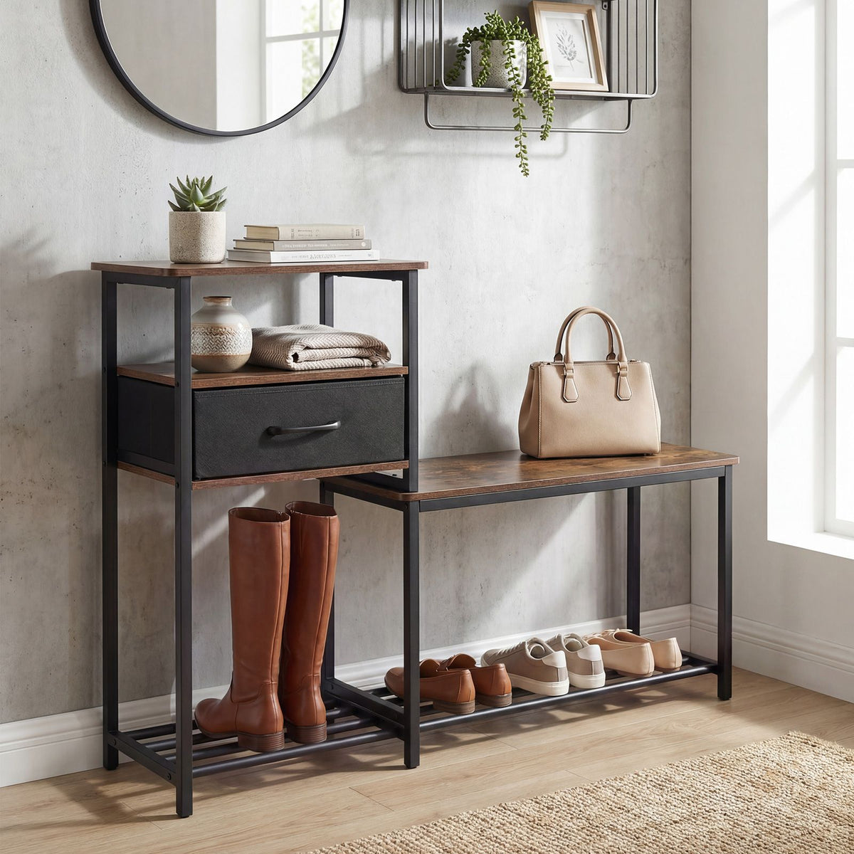 3-Tier Shoe Rack Bench with Drawer and Metal Frame for Hallway and Front Door