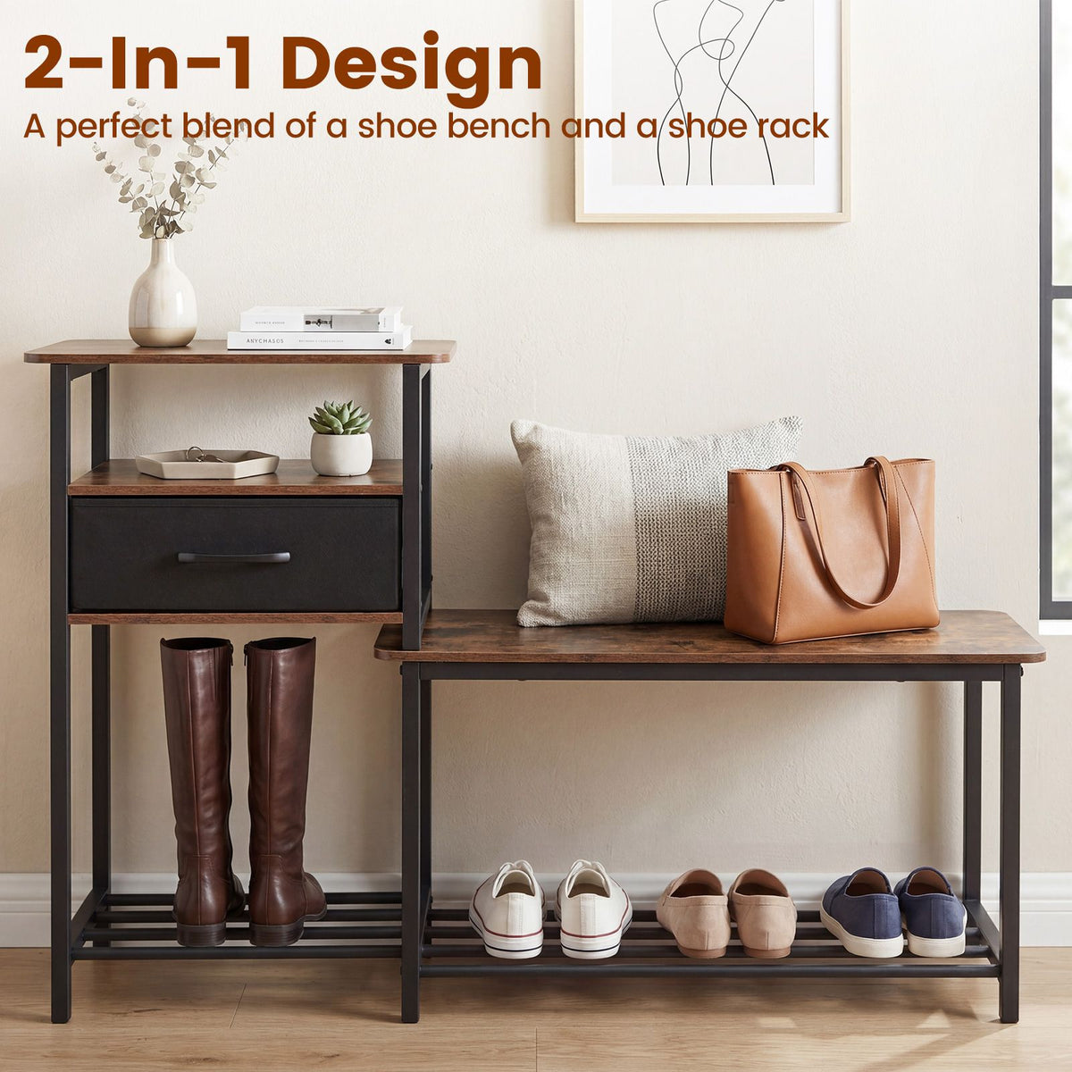 3-Tier Shoe Rack Bench with Drawer and Metal Frame for Hallway and Front Door