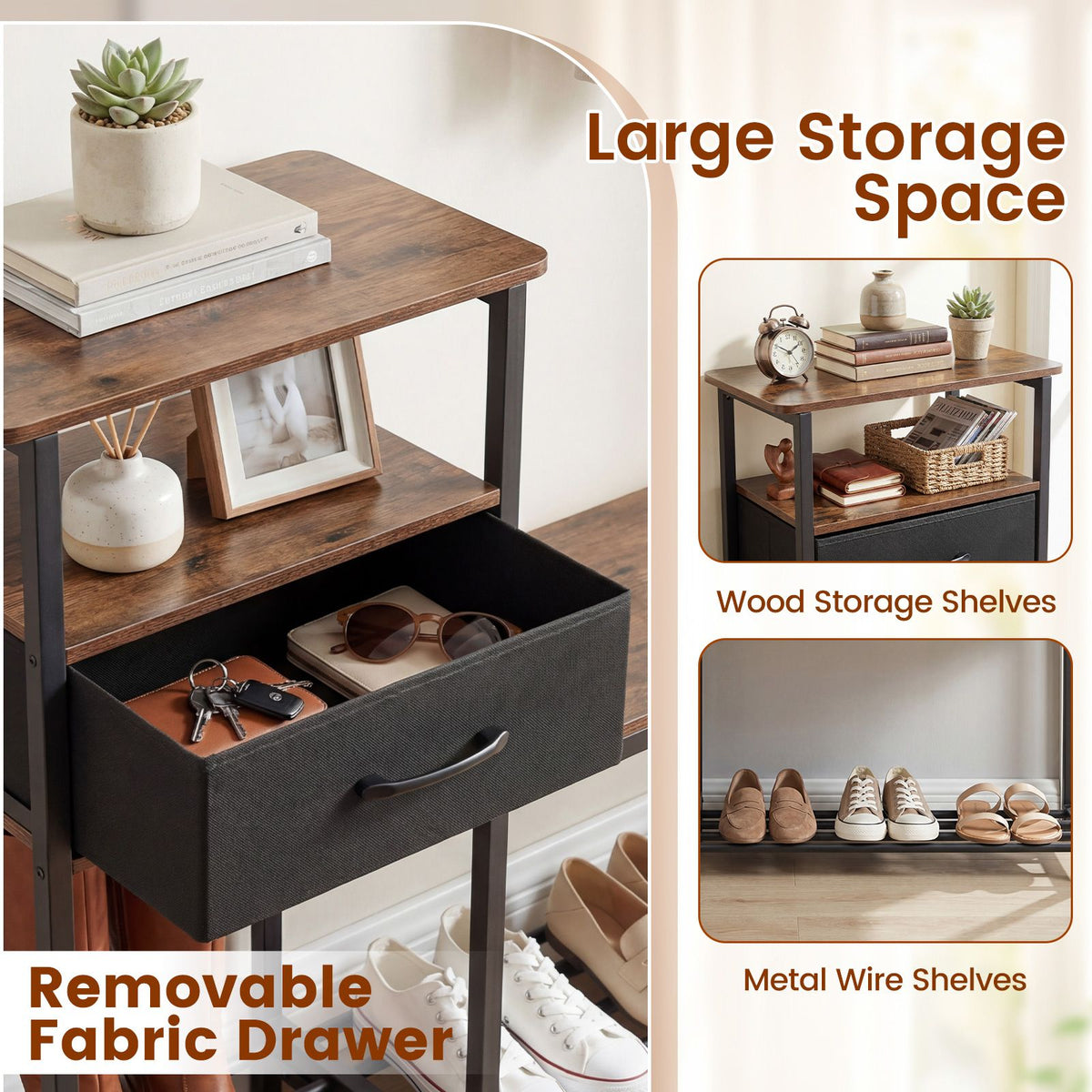 3-Tier Shoe Rack Bench with Drawer and Metal Frame for Hallway and Front Door