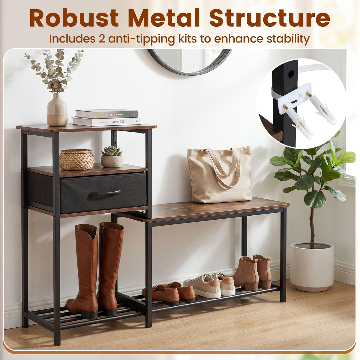 3-Tier Shoe Rack Bench with Drawer and Metal Frame for Hallway and Front Door
