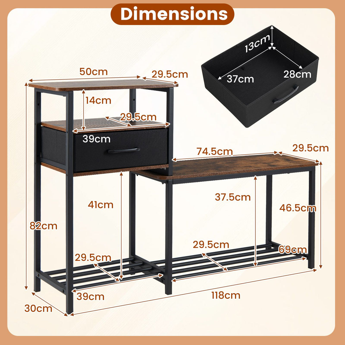 3-Tier Shoe Rack Bench with Drawer and Metal Frame for Hallway and Front Door