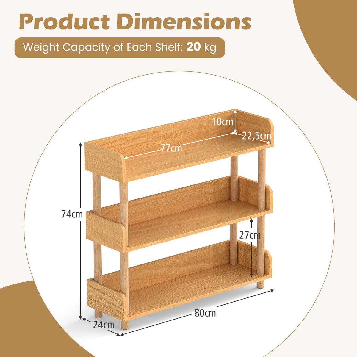 3-Tier Wooden Bookshelf with Sturdy Pine Wood Posts and Elevated Guardrails