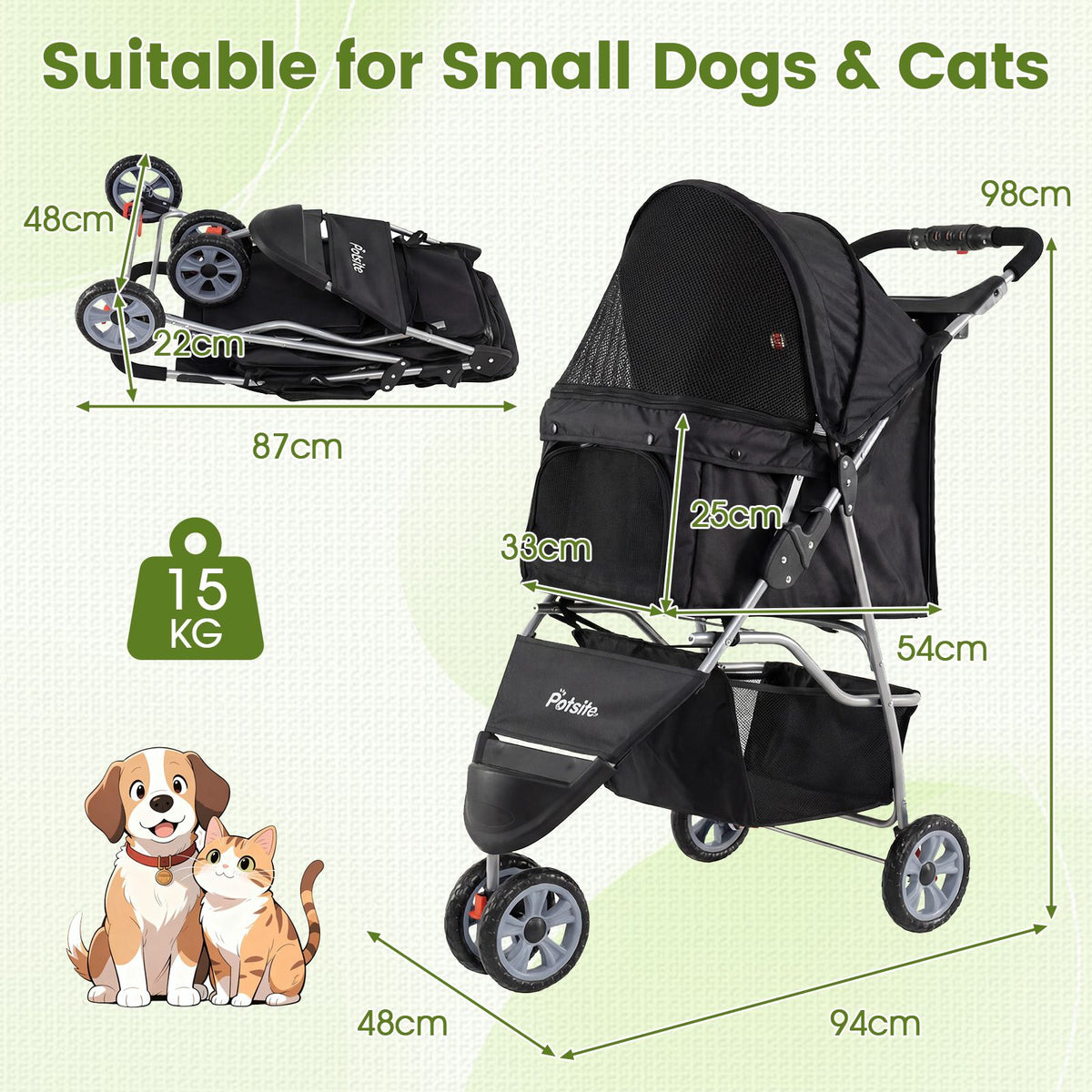 3-Wheel Pet Stroller for Small Dogs Cats Foldable Stroller