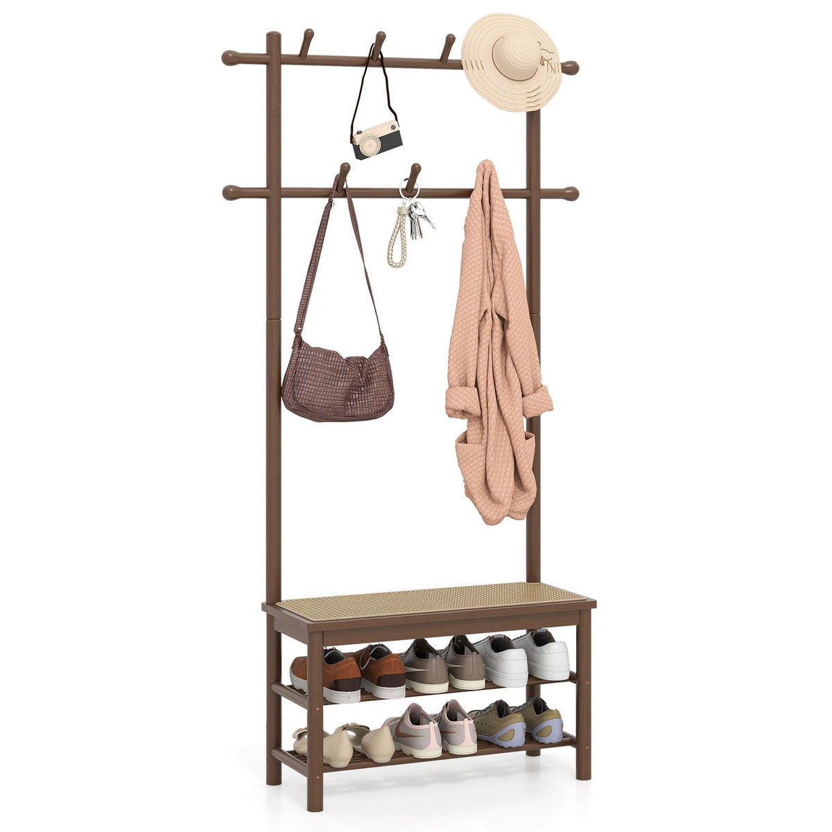 3-in-1 Hall Tree with 11 Hooks Hanging Rods and Shelves for Home