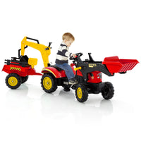 3 in1 Kids Ride On Excavator, Pedal car Bulldozer with 6 Wheels & Detachable Trailer, Working Dirt Bucket, Cargo Trailer