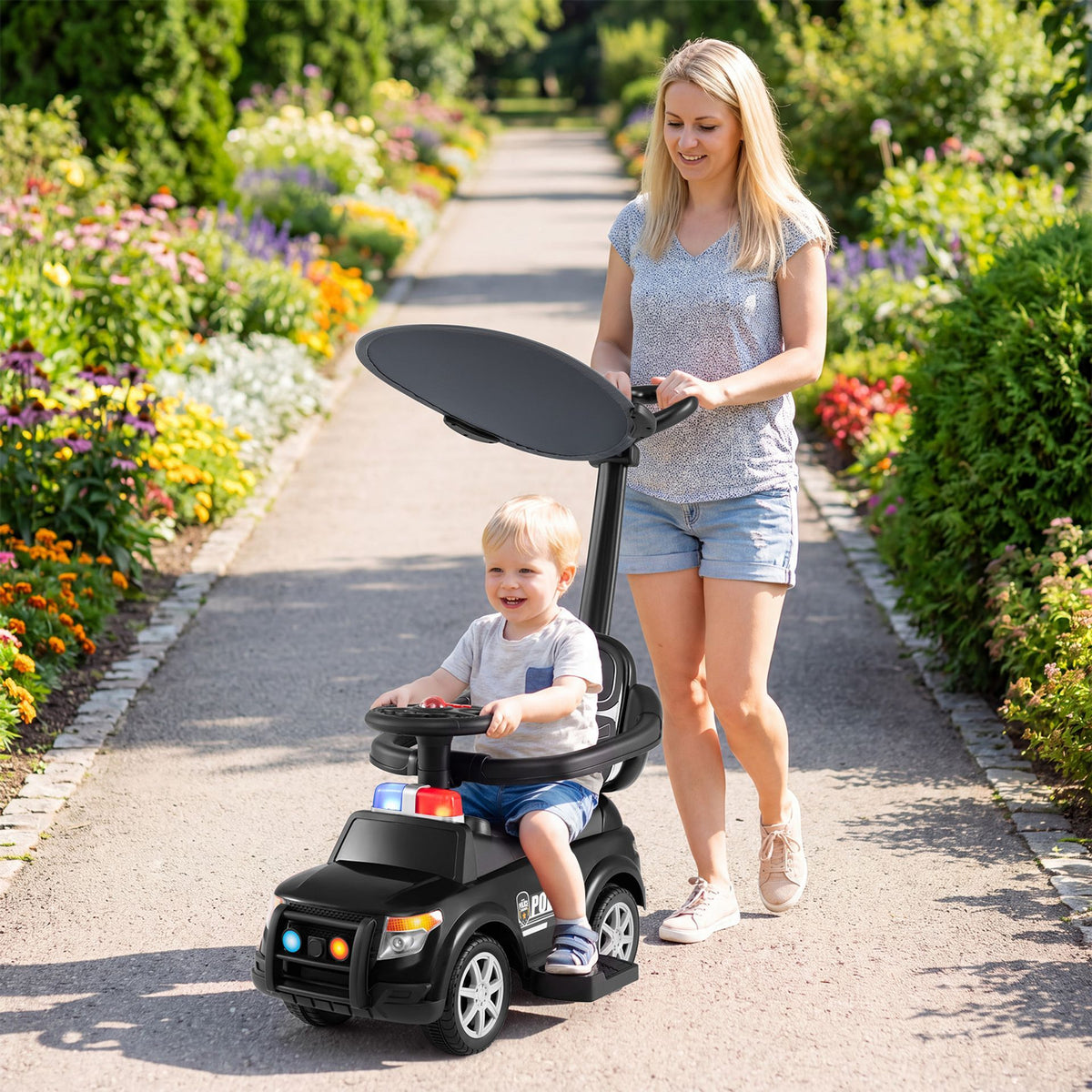 3-in-1 Police Toddler Push Car with Handle and Canopy for 18-36 Month Kids