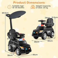 3-in-1 Police Toddler Push Car with Handle and Canopy for 18-36 Month Kids