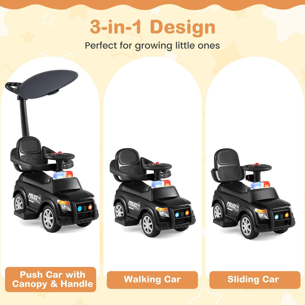 3-in-1 Police Toddler Push Car with Handle and Canopy for 18-36 Month Kids