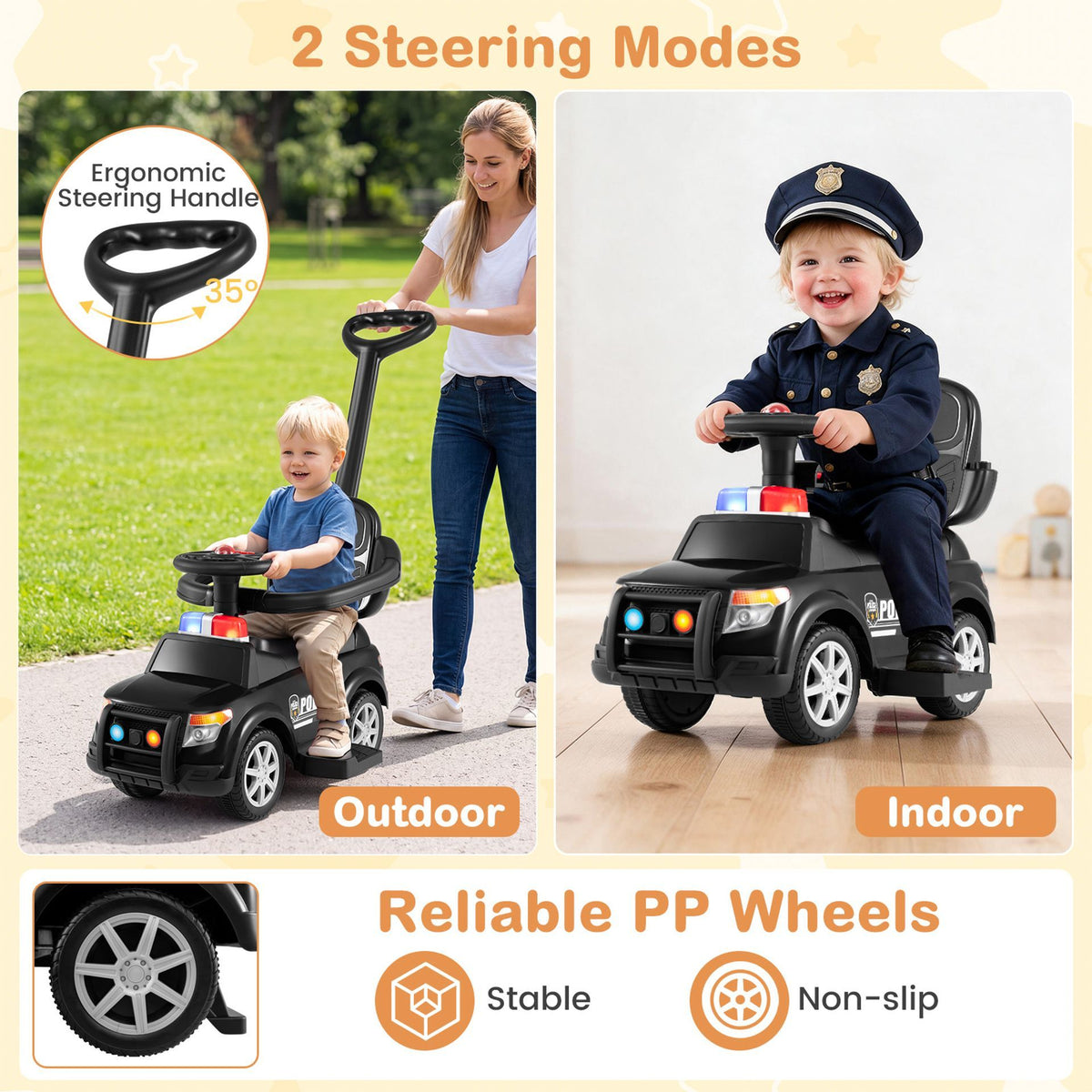 3-in-1 Police Toddler Push Car with Handle and Canopy for 18-36 Month Kids
