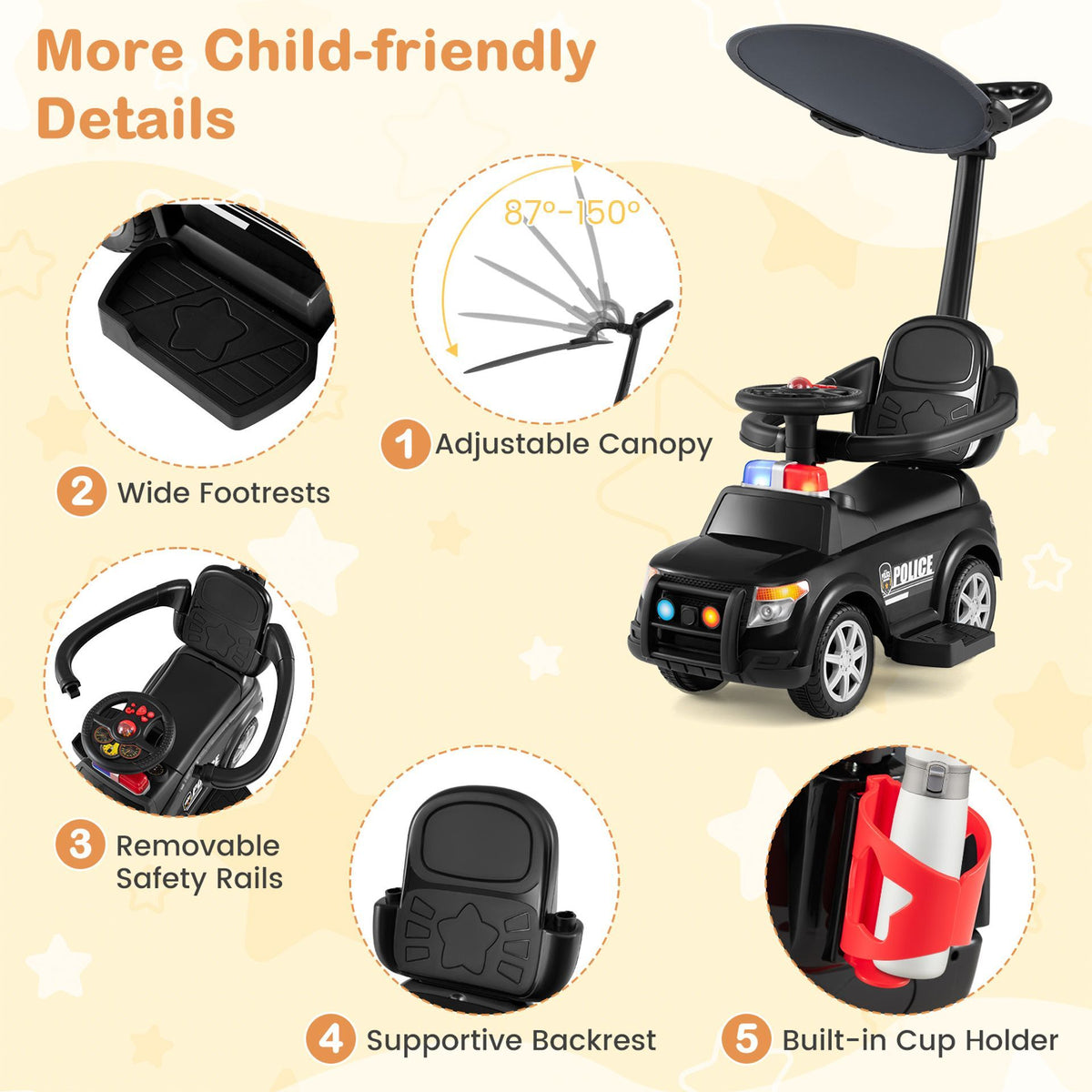 3-in-1 Police Toddler Push Car with Handle and Canopy for 18-36 Month Kids