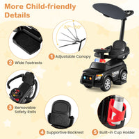 3-in-1 Police Toddler Push Car with Handle and Canopy for 18-36 Month Kids