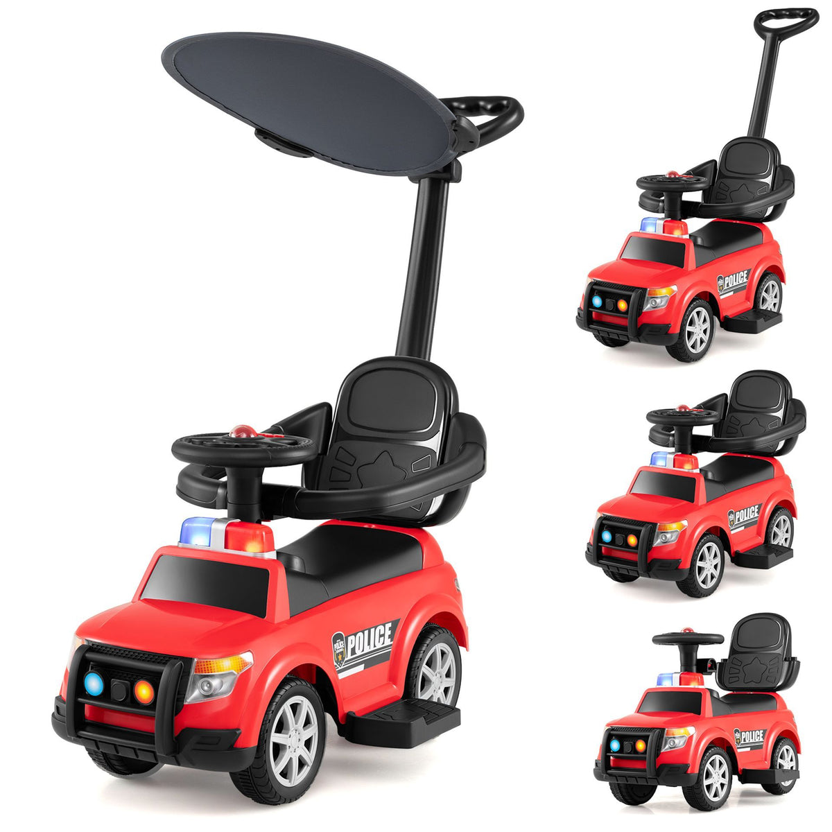 3-in-1 Police Toddler Push Car with Handle and Canopy for 18-36 Month Kids