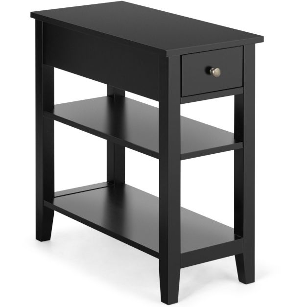 Giantex 3-Tier End Table w/Drawer Side Table with One Drawer and Double Shelves Narrow Tiered Nightstand for Bedroom