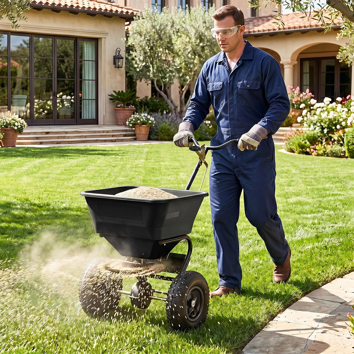 30kg Walk-Behind Broadcast Spreader with 32.5cm All-Terrain Pneumatic Tires
