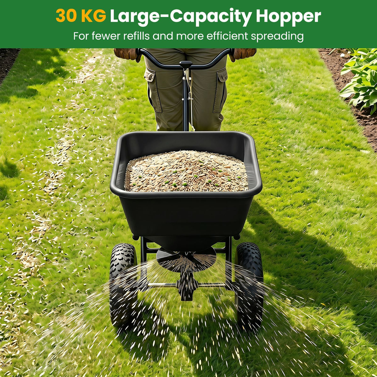 30kg Walk-Behind Broadcast Spreader with 32.5cm All-Terrain Pneumatic Tires