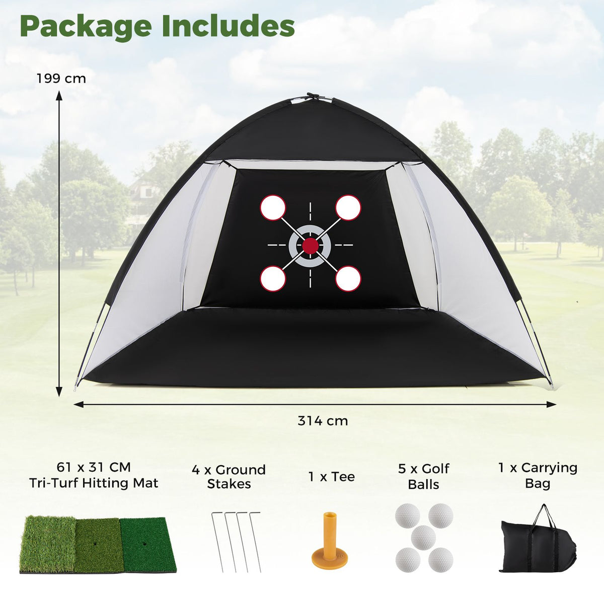 314 x 199 CM Golf Practice Net with Foldable Tri-Turf Mat and Carry Bag