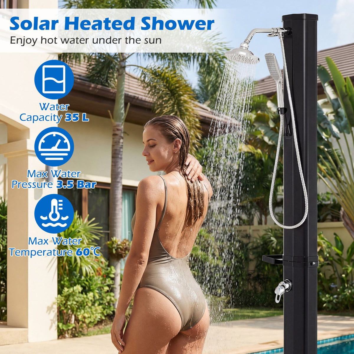 35 L Solar Heated Outdoor Shower 2-Section Shower with 360° Swivel and Handheld Shower Head