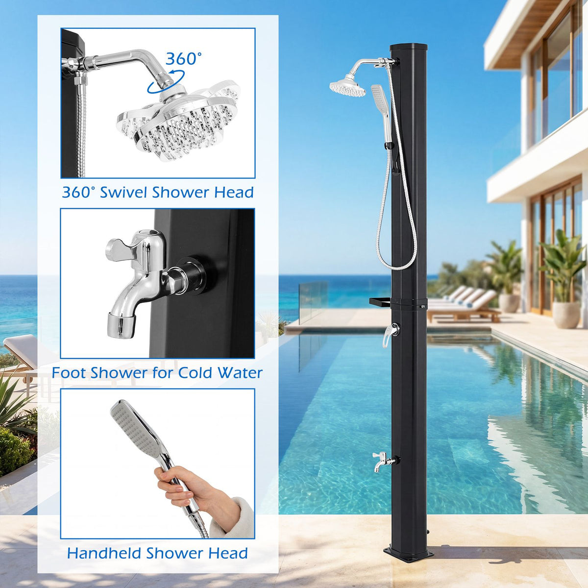 35 L Solar Heated Outdoor Shower 2-Section Shower with 360° Swivel and Handheld Shower Head